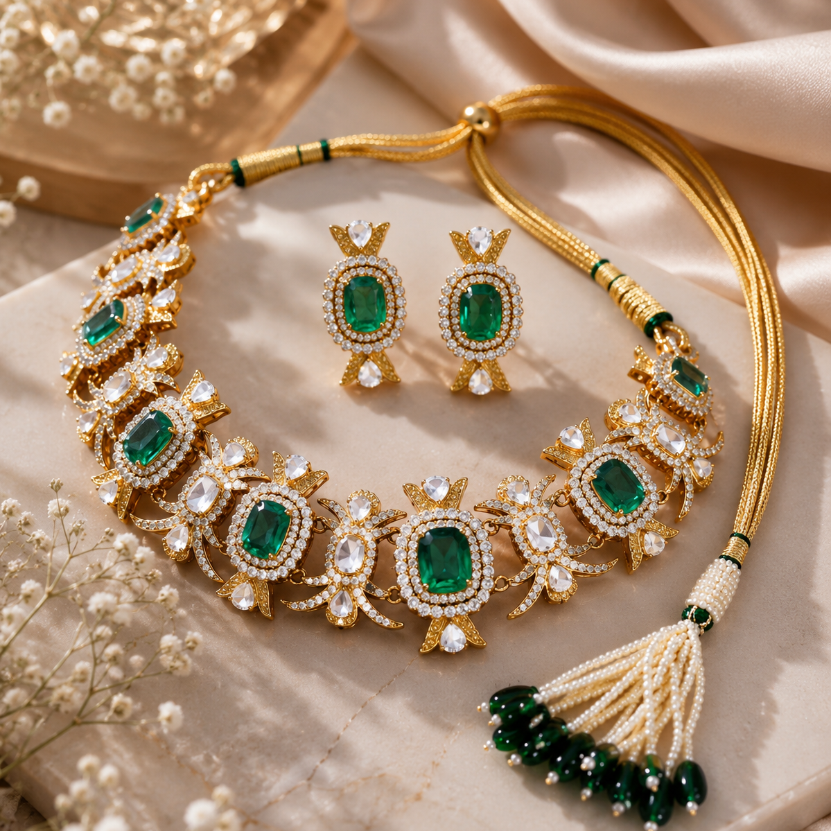 925 Silver Victorian Bridal Moissanite with Lab Grown Emeralds & Polki Necklace