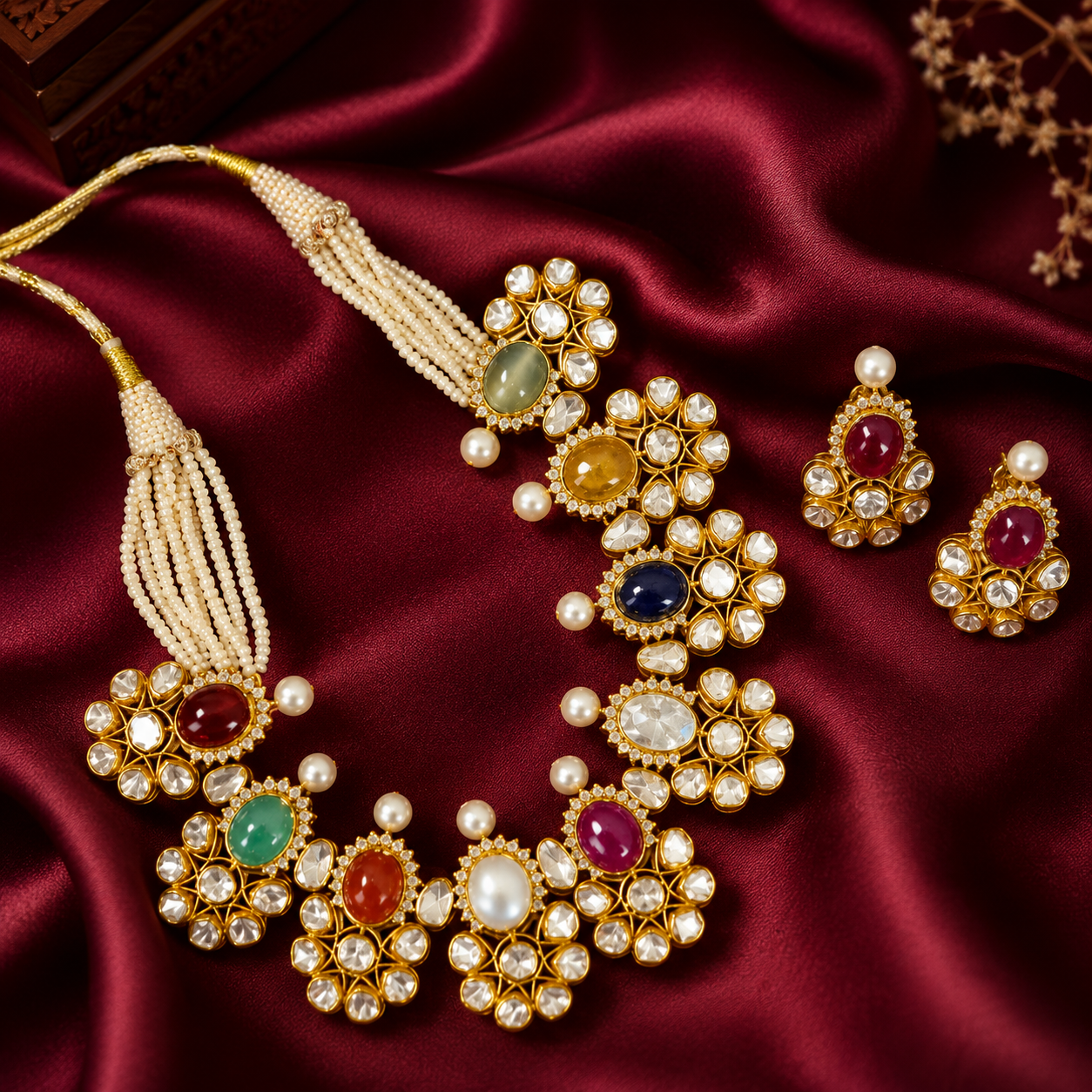 Navratan Necklace in Sterling Silver with Moissanite Polki