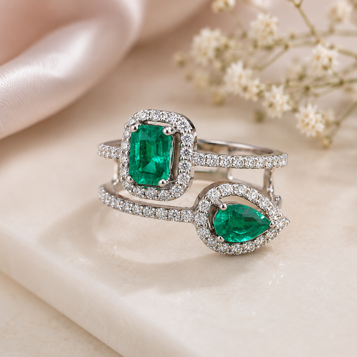 Lab Grown Emerald Baguette Ring in Sterling Silver with Moissanite