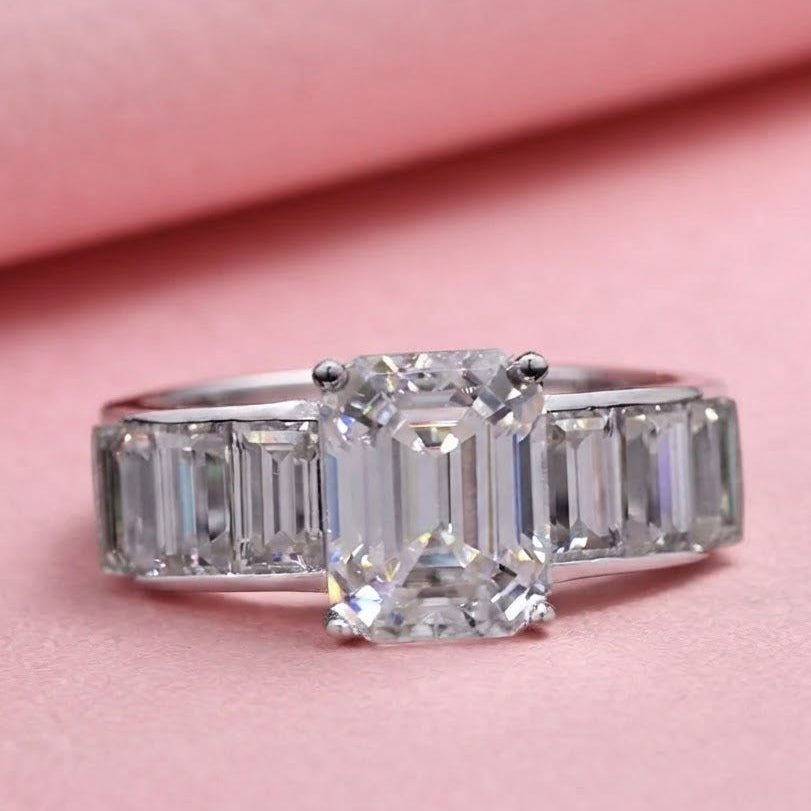 Classic Emerald Cut and step down Baguette Ring with Moissanite in Sterling Silver