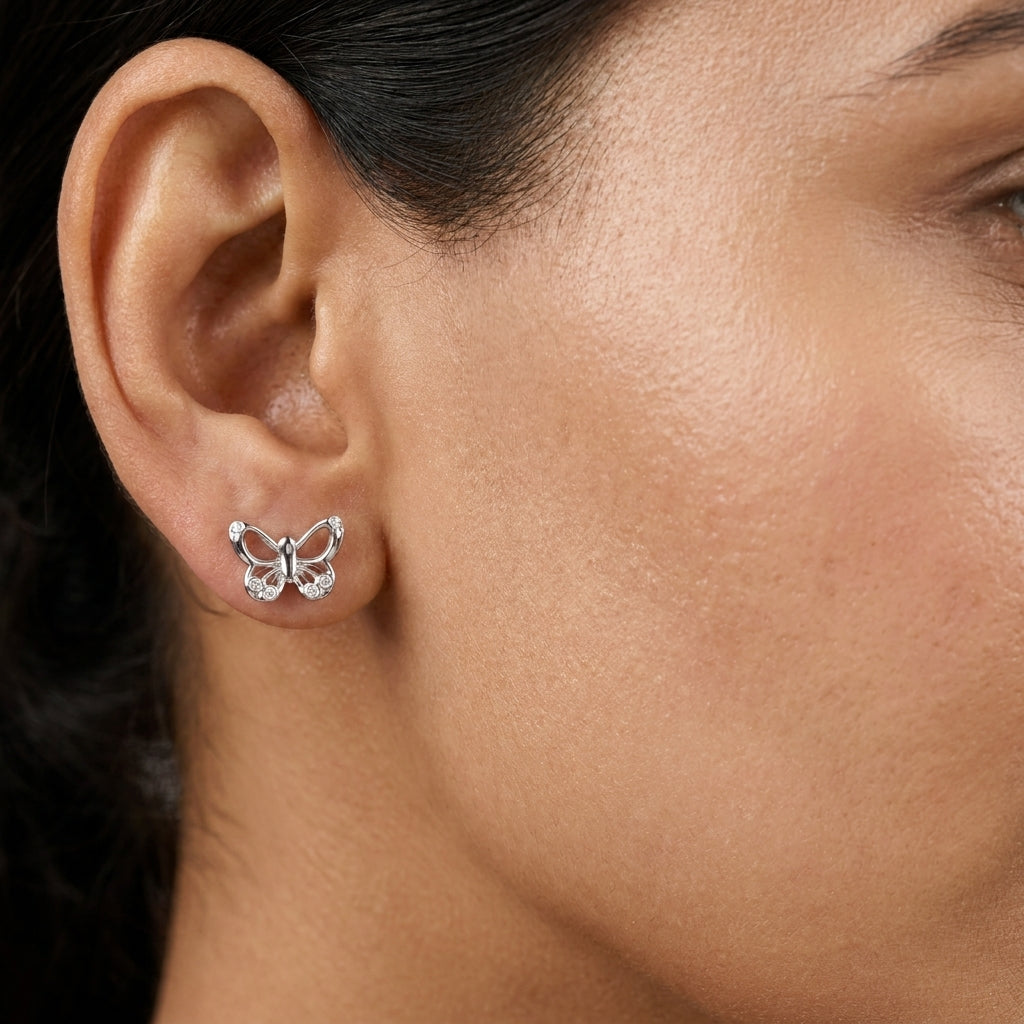 Mini Butterfly Studs For Kids in Sterling Silver with Moissanite