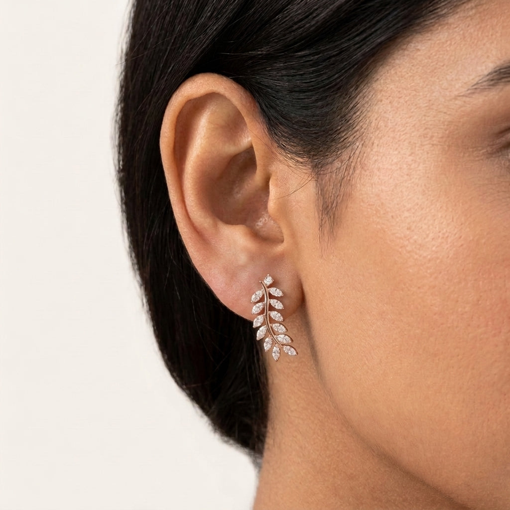 Leaf Earring in Rose-Gold with moissanite and Sterling Silver