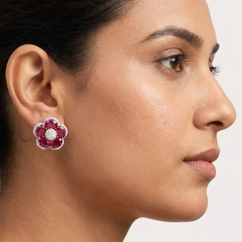 Lab-Created Gemstone Floral studs Earrings with Moissanite in 925 Silver