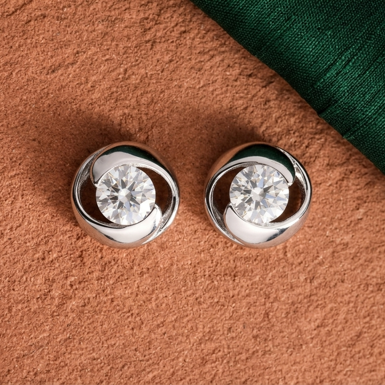 Swirl Stone Round Moissanite Diamond Sterling SIlver Studs