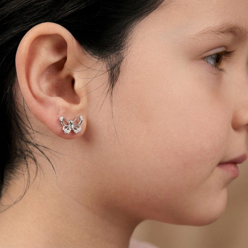 Mini Butterfly Studs For Kids in Sterling Silver with Moissanite