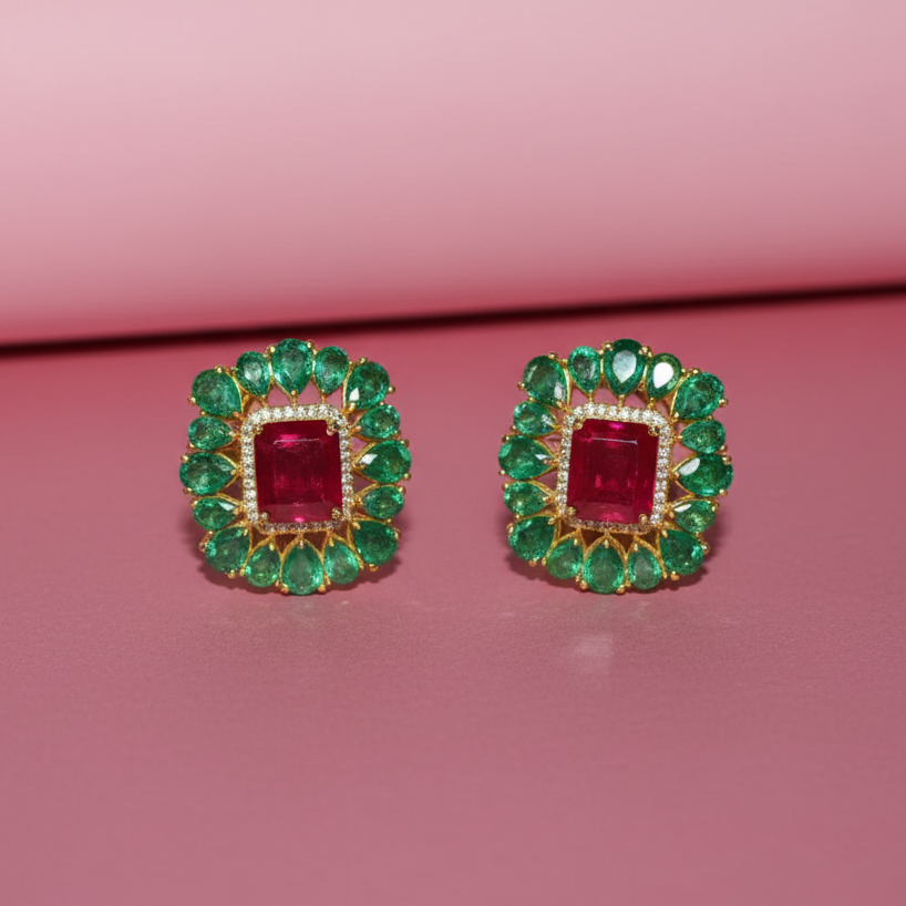 Lab-Grown Emerald Earrings with Ruby in 925 Sterling Silver