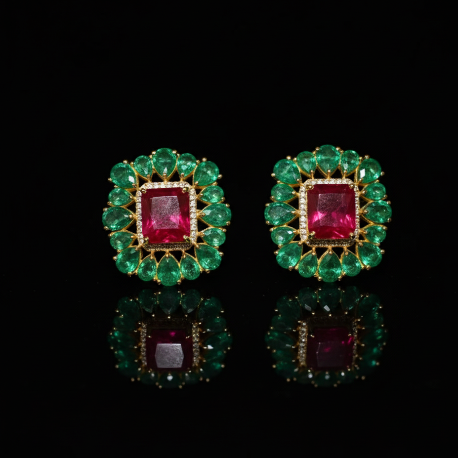 Lab-Grown Emerald Earrings with Ruby in 925 Sterling Silver