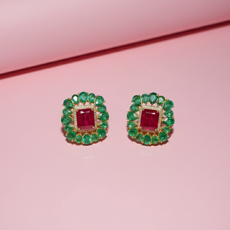 Lab-Grown Emerald Earrings with Ruby in 925 Sterling Silver