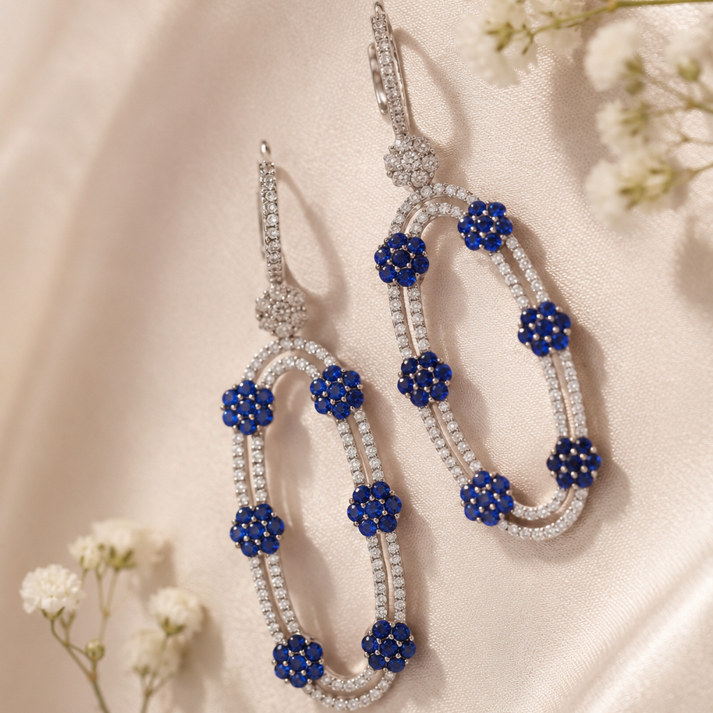 Blue color with Moissanite Danglers Earrings in Sterling Silver
