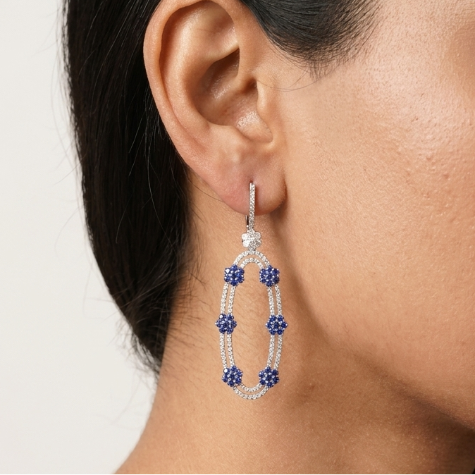 Blue color with Moissanite Danglers Earrings in Sterling Silver