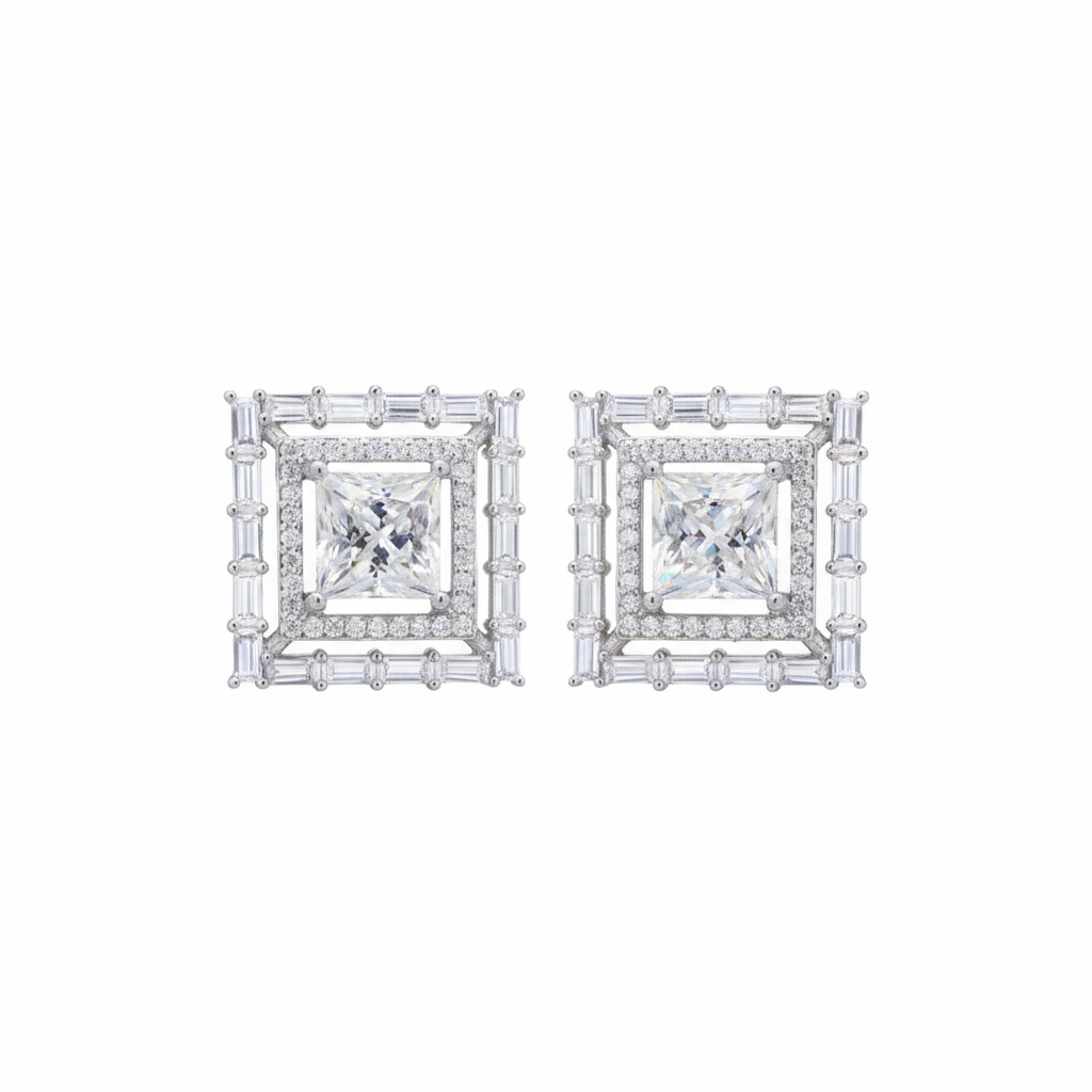 Radiant Square Sterling Silver Studs in Moissanite for party wear