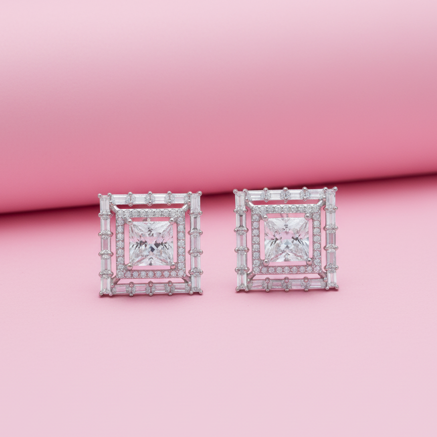Radiant Square Sterling Silver Studs in Moissanite for party wear