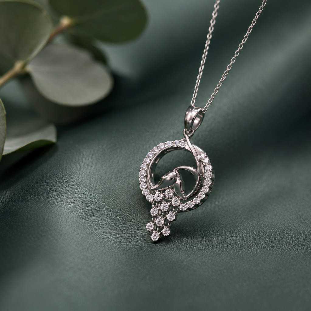 Rose Floral Droplet Pendant in Sterling Silver with Moissanite