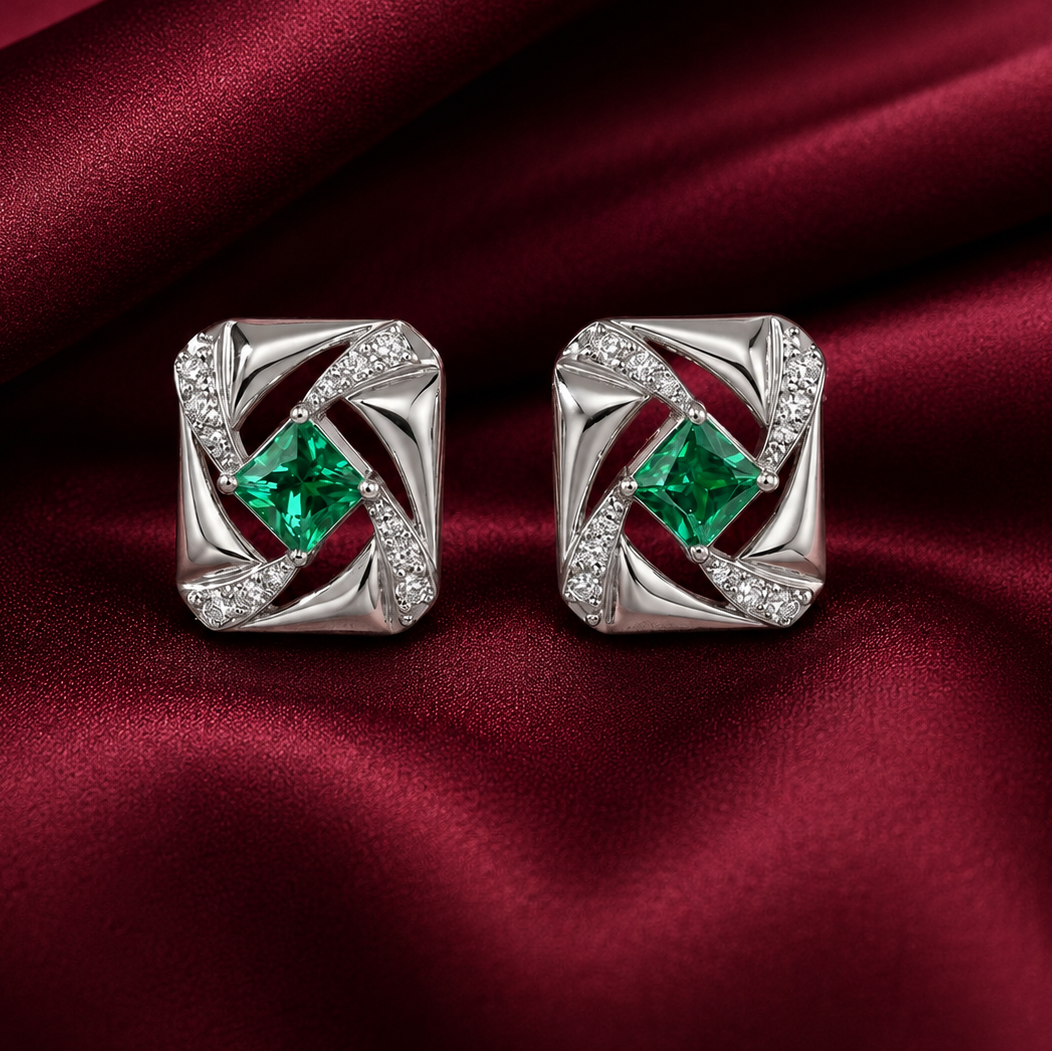Lab Grown Emerald Elara Studs in Sterling silver with Moissanite