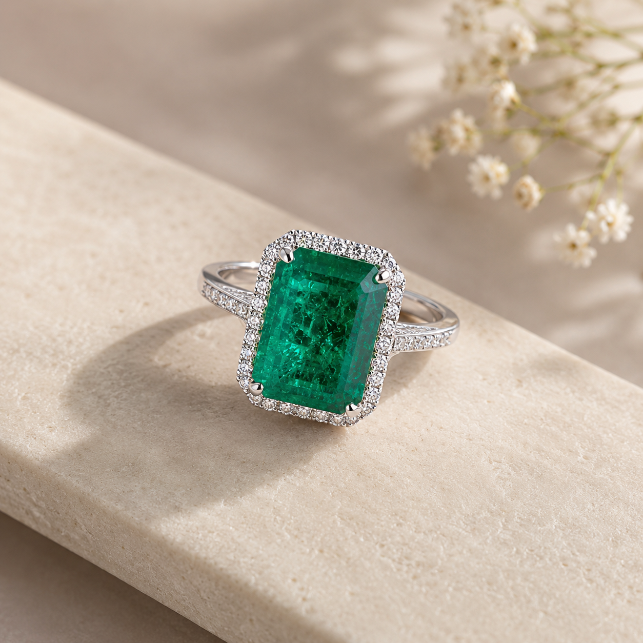 Lab Grown Emerald & Moissanite Fancy Ring in 925 Sterling Silver