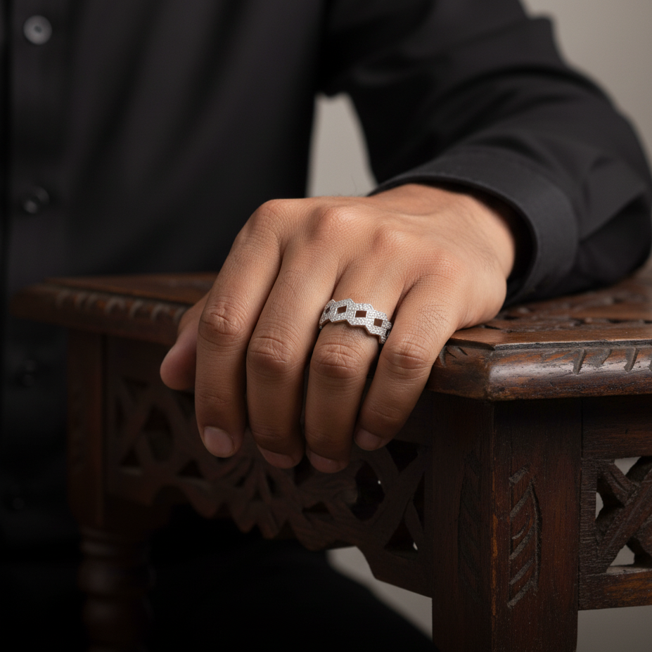 Prong Cuban Ring for him in Sterling Silver with Moissanite