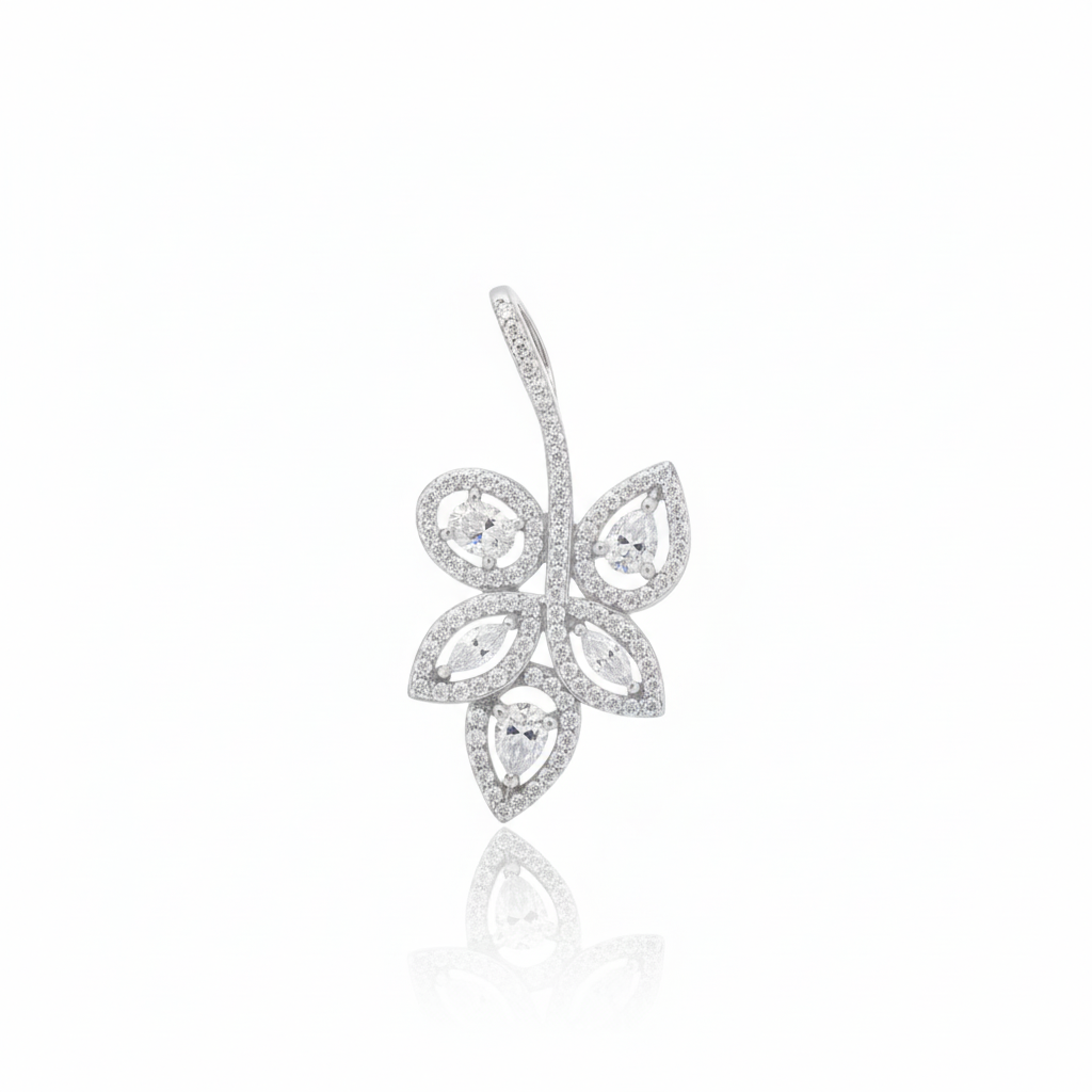 Moissanite Encrusted Autumn Leaf Pendant in Silver