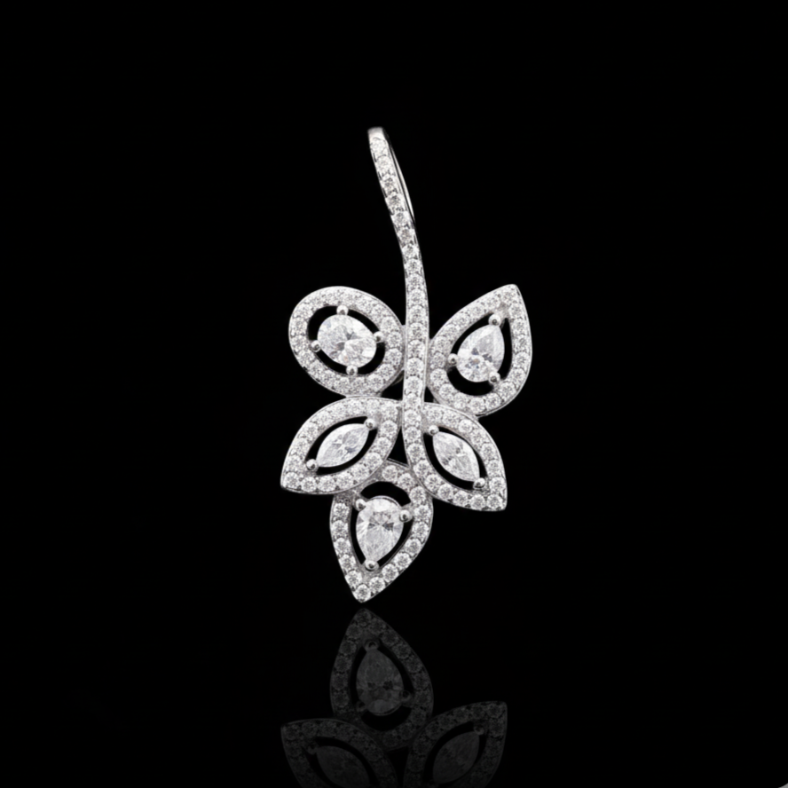 Moissanite Encrusted Autumn Leaf Pendant in Silver