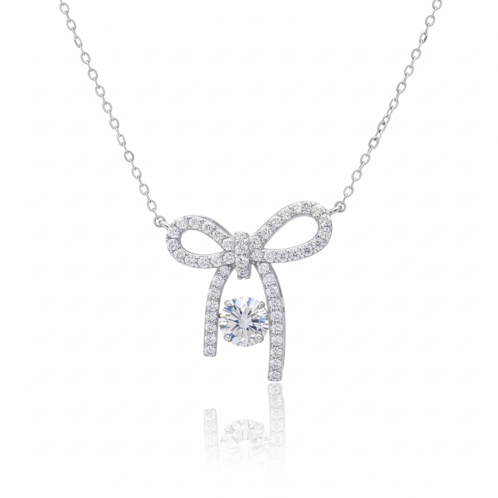 Sterling Silver Elegant Bow Pendant with Moissanite