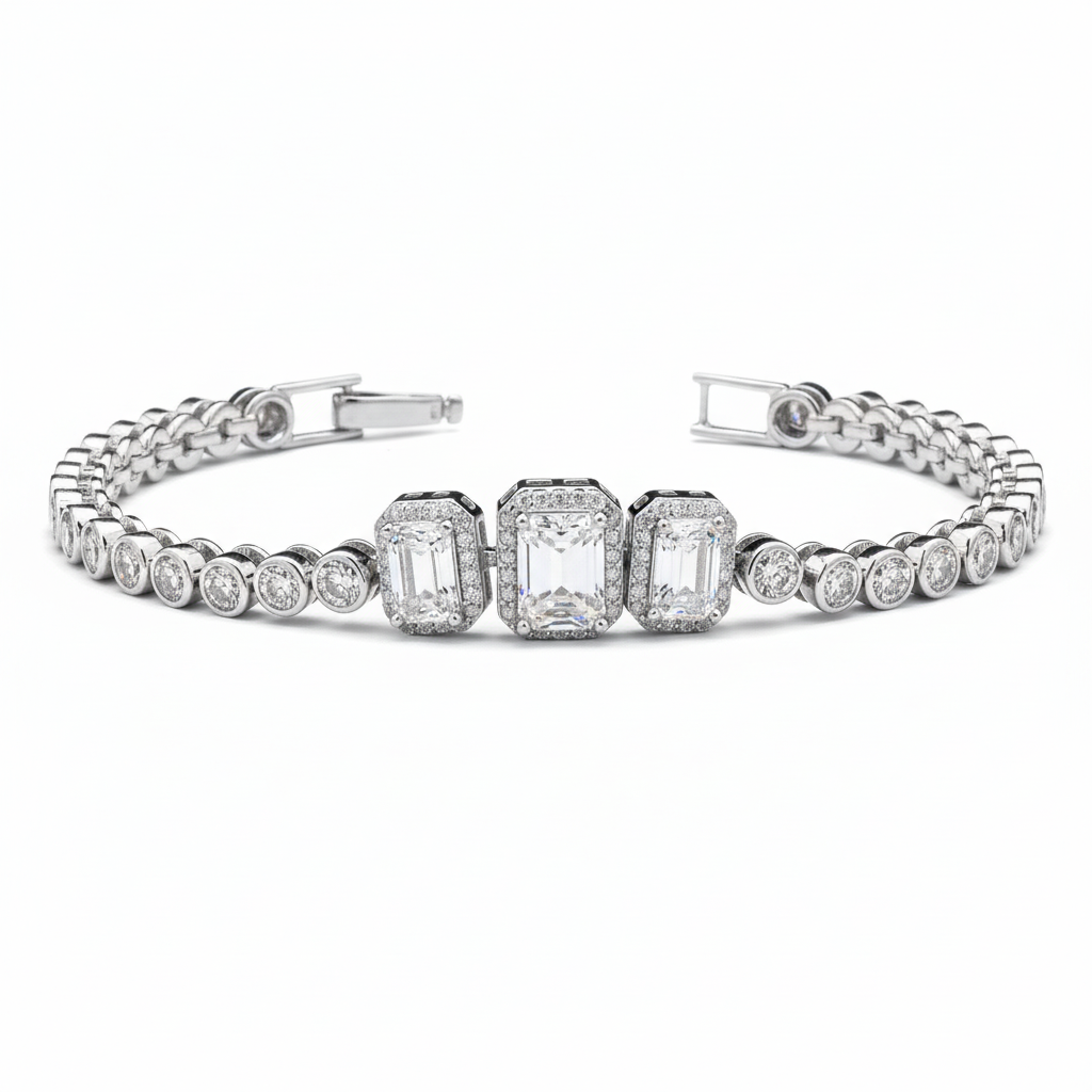 Emerald cut with Pave Moissanite Bracelet in 925 Silver