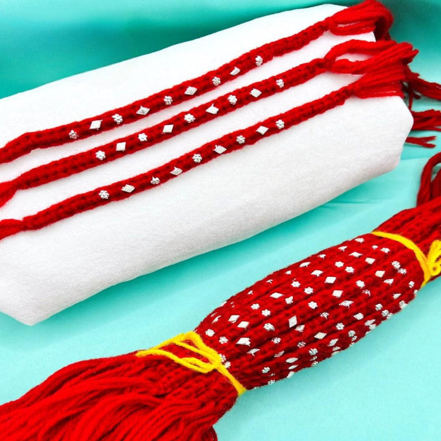 5 Flower with 4 Diamond shape with Red & Yellow wool Thread Silver Rakhi