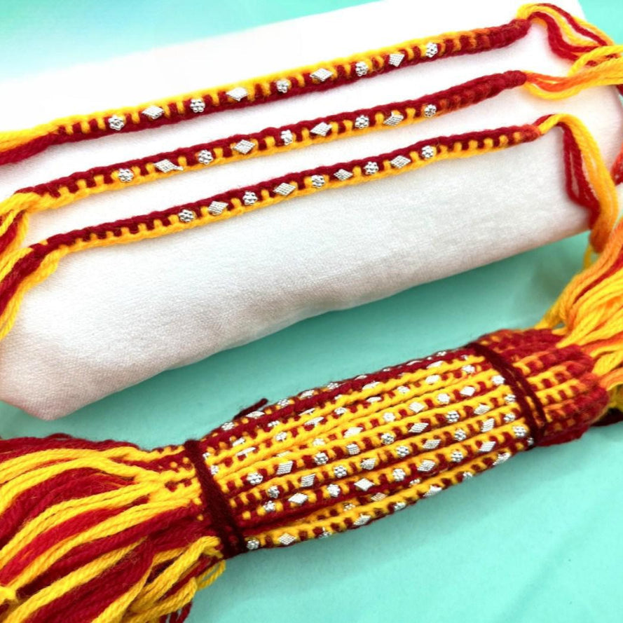 5 Flower with 4 Diamond shape with Red & Yellow wool Thread Silver Rakhi
