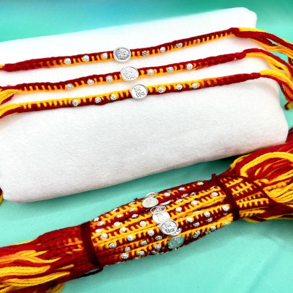 Mere Bhaiya Ginni with 6 Flower in Red & Yellow wool Thread Silver Rakhi