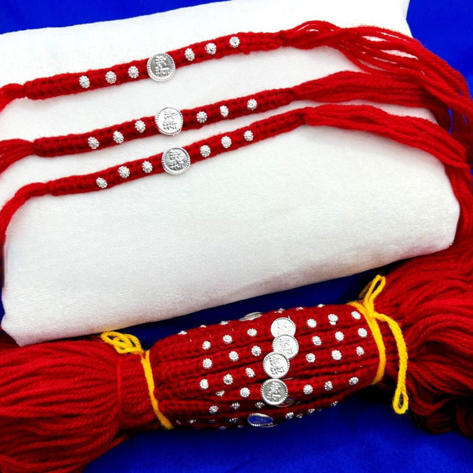 Mere Bhaiya Ginni with 6 Flower in Red & Yellow wool Thread Silver Rakhi