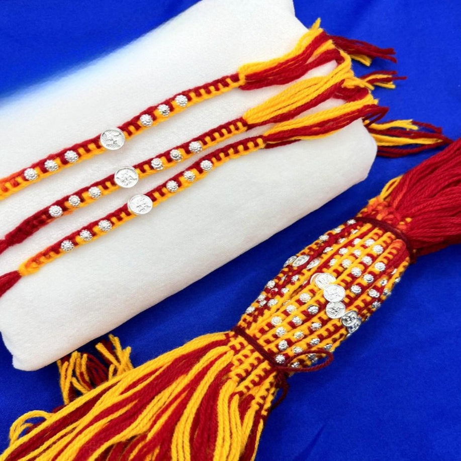 Ginni Swastik with 6 Flower in Red & Yellow wool Thread Silver Rakhi