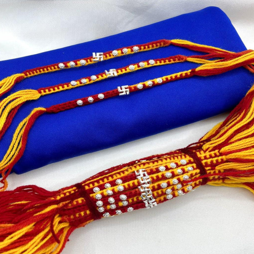 Om & Swastik with 6 Flower in Red & Yellow wool Thread Silver Rakhi