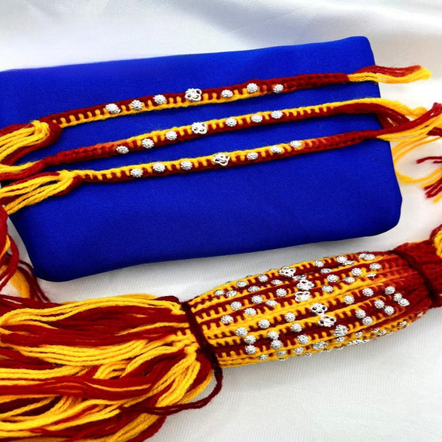 Om & Swastik with 6 Flower in Red & Yellow wool Thread Silver Rakhi