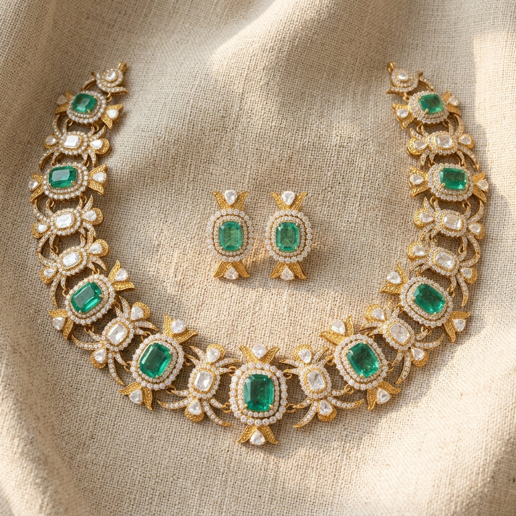 925 Silver Victorian Bridal Moissanite with Lab Grown Emeralds & Polki Necklace