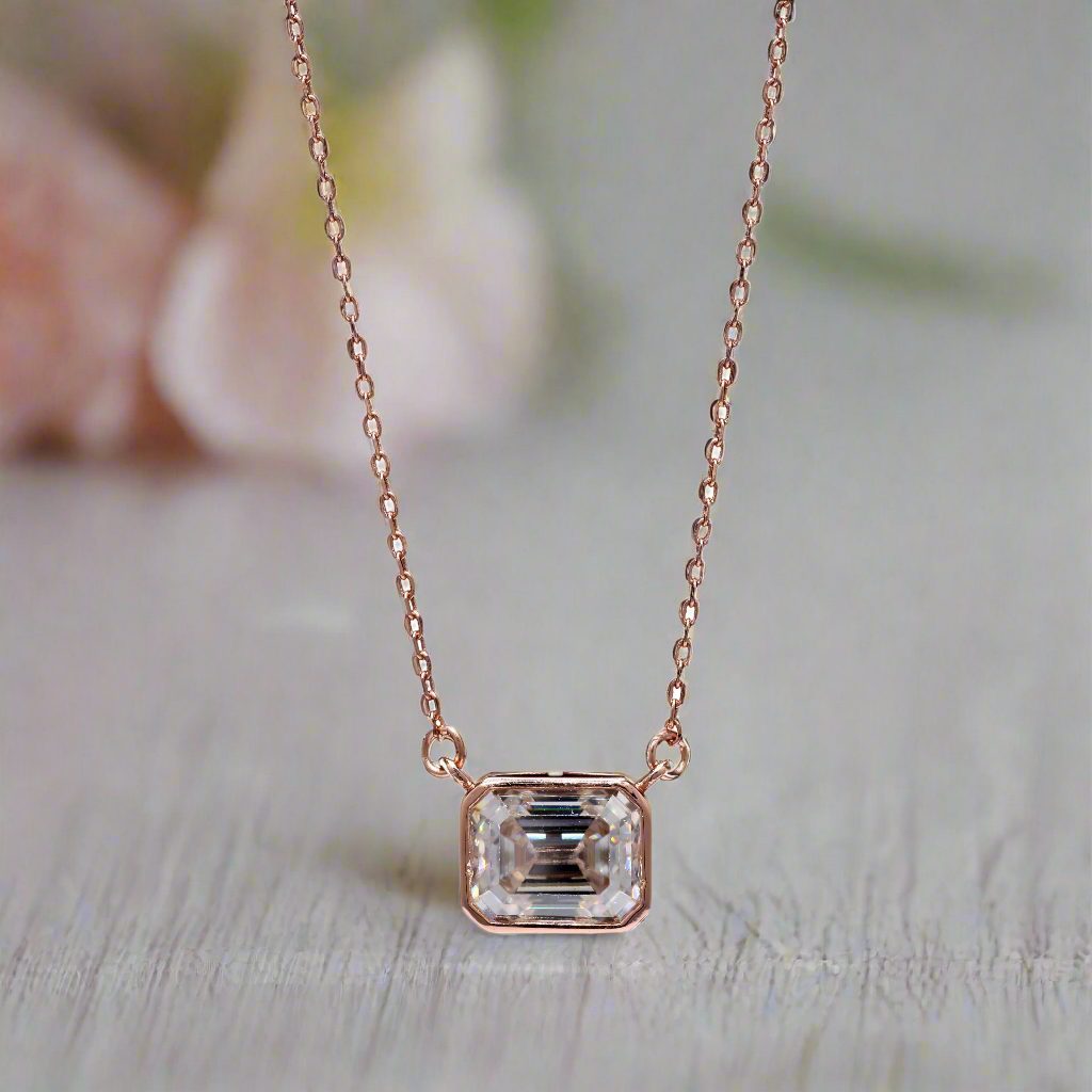 Emerald Cut Moissanite Diamond Pendant with Chain