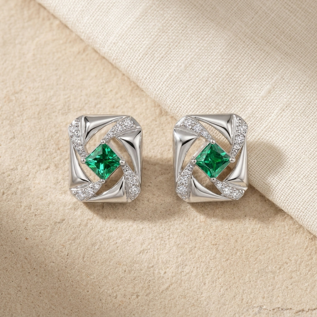 Lab Grown Emerald Elara Studs in Sterling silver with Moissanite