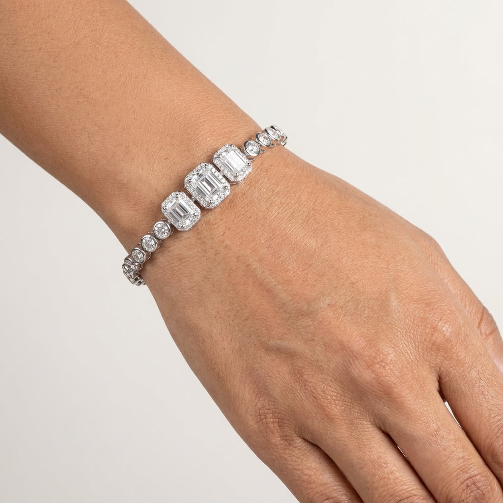 Emerald cut with Pave Moissanite Bracelet in 925 Silver