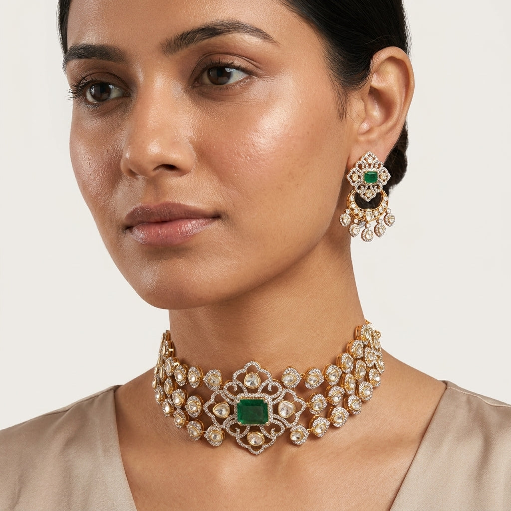 Traditional Moissanite Polki Necklace with Moissanite Set in 925 silver