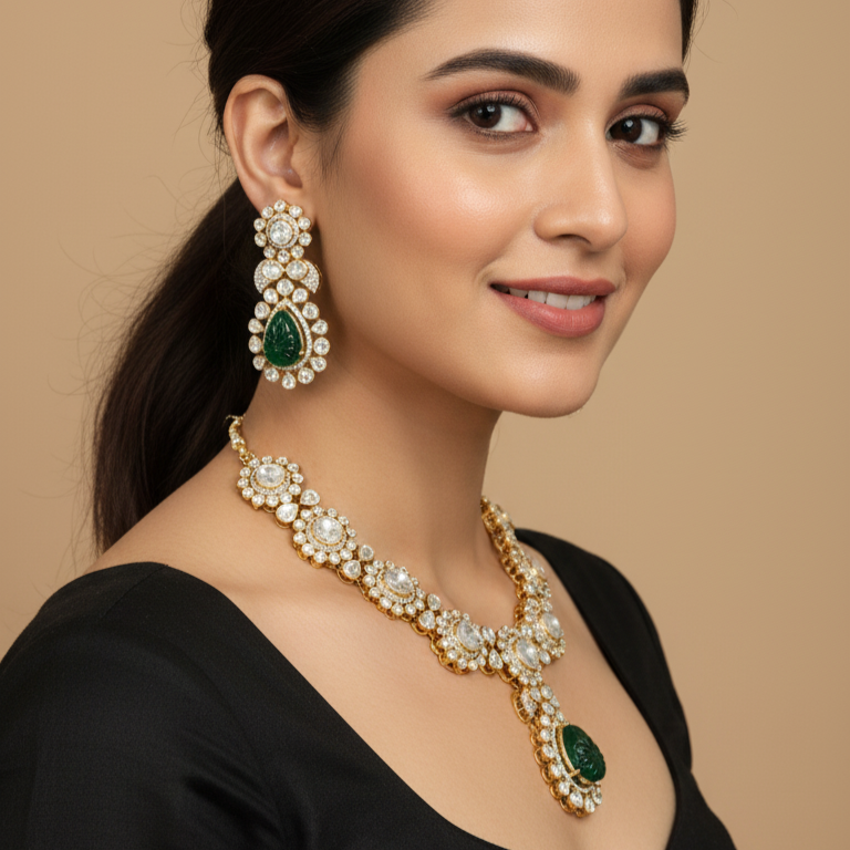 Royal Heritage Moissanite Polki Necklace with Moissanite and Lab Grown Emeralds in Silver
