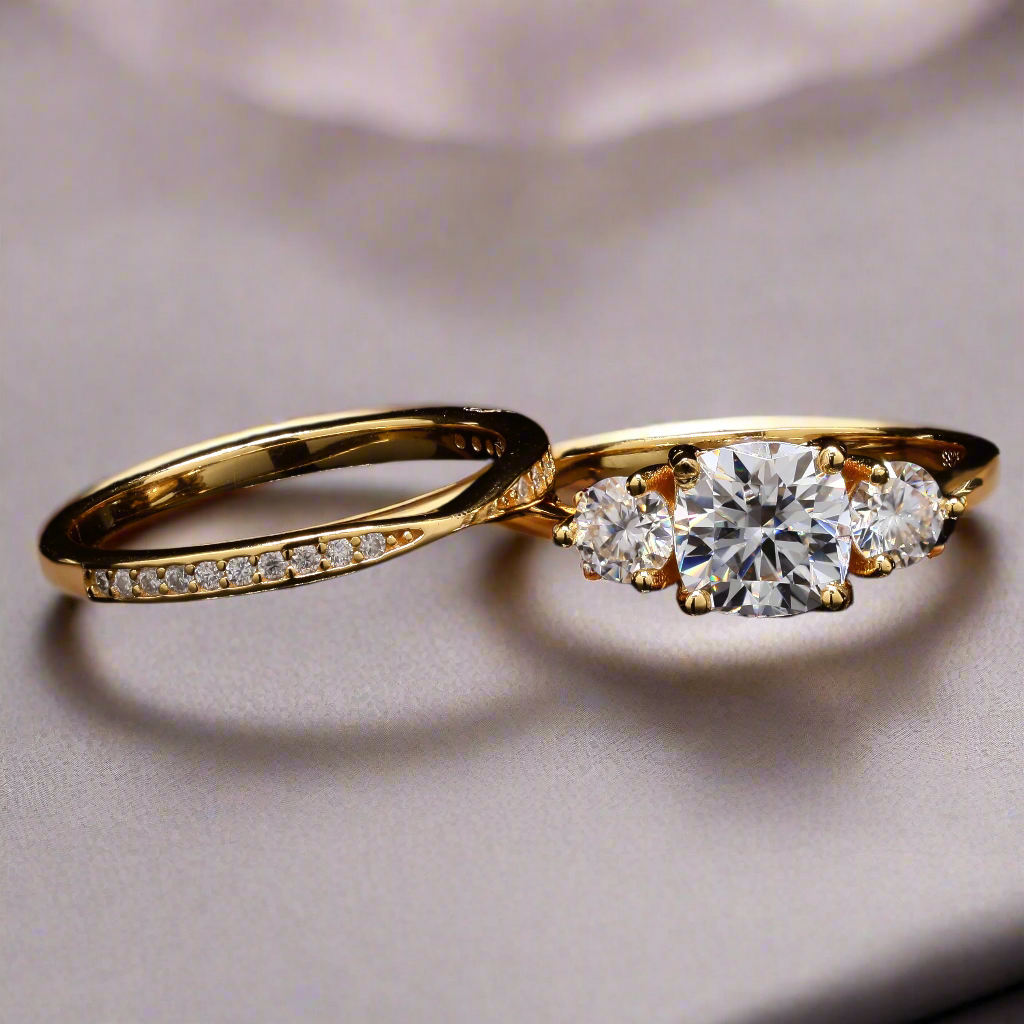 3 Stone Engagement Ring WIth a Band, Moissanite in Sterling Silver