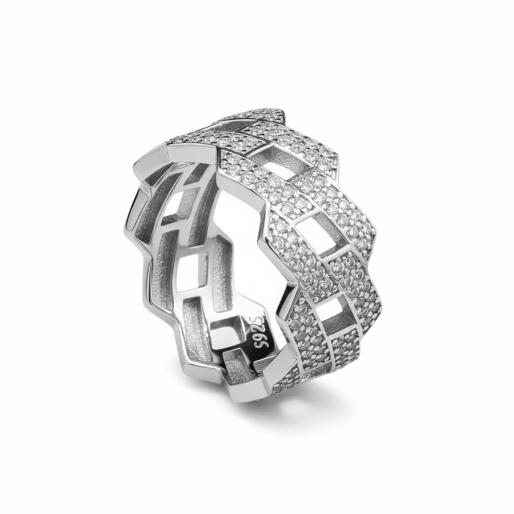 Prong Cuban Ring for him in Sterling Silver with Moissanite