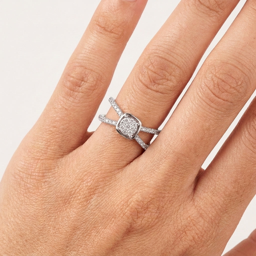 Halo split shank Moissanite Ring in Sterling Silver