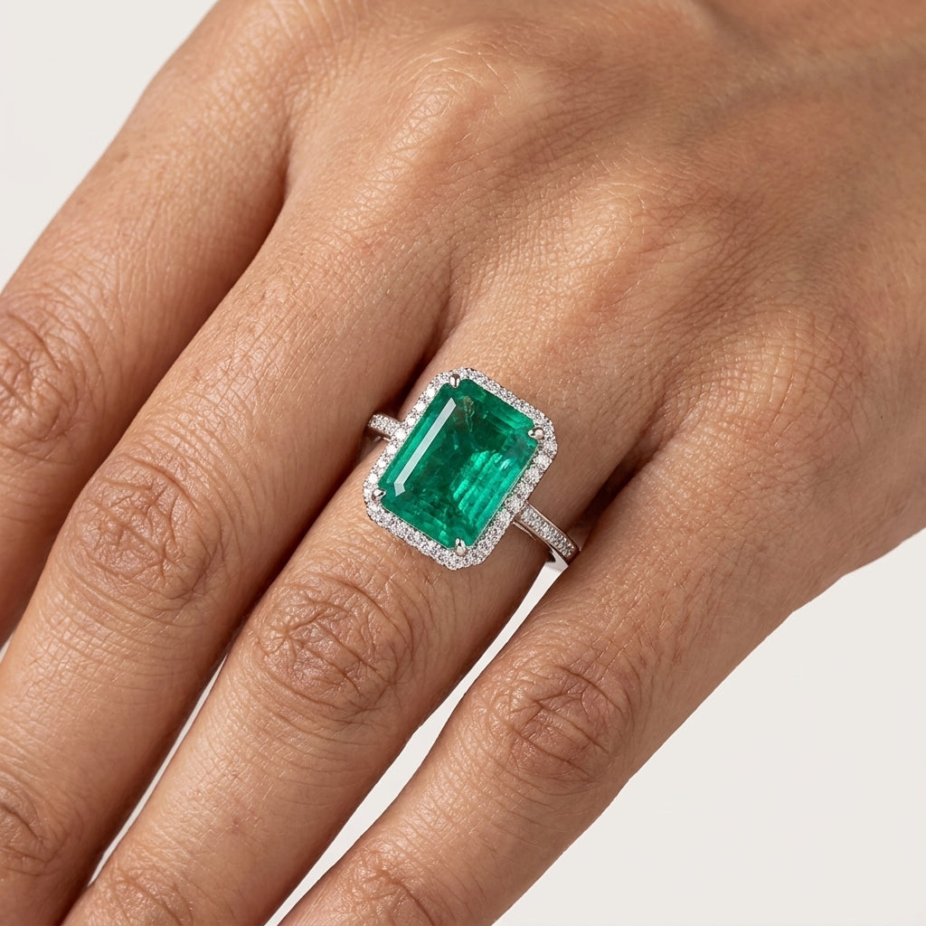 Lab Grown Emerald & Moissanite Fancy Ring in 925 Sterling Silver