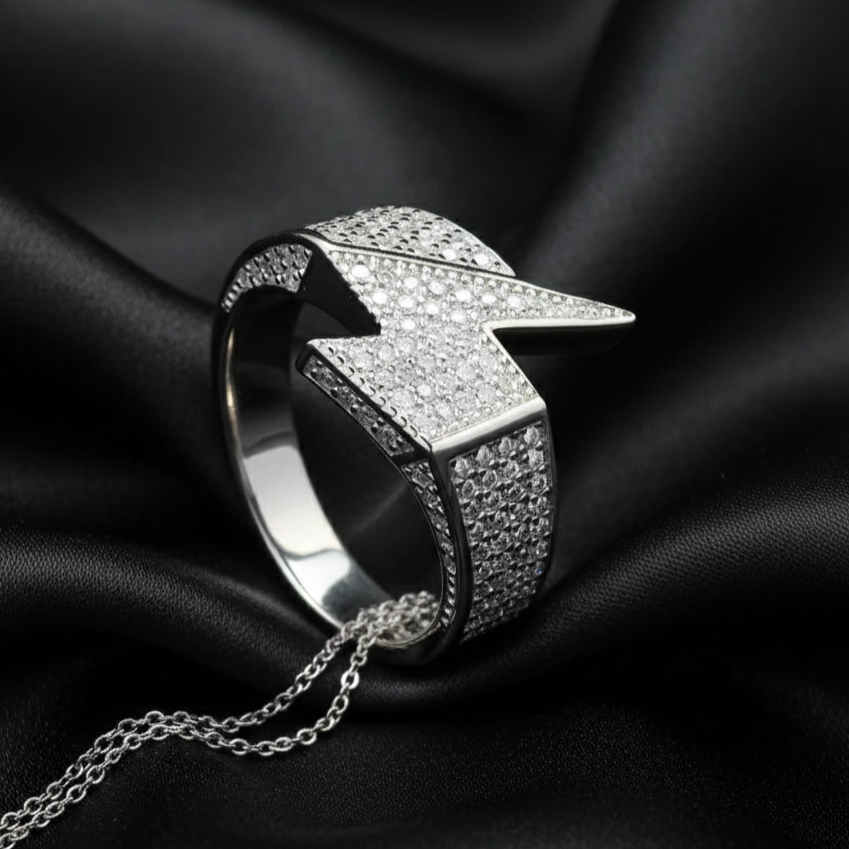 Silver Moissanite Thunder Ring in Sterling Silver for him