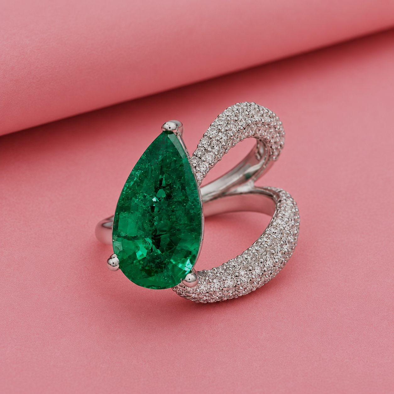 Pear shape Lab Grown Emerald Ring with Moissanite and Sterling Silver