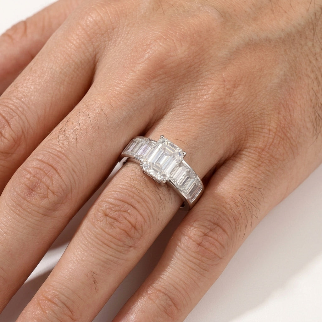 Classic Emerald Cut and step down Baguette Ring with Moissanite in Sterling Silver