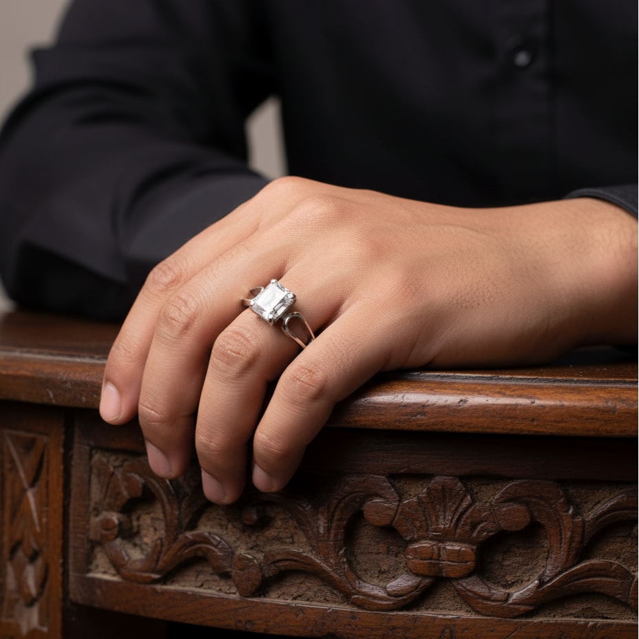 Emerald cut Ring for men in Sterling Silver with Moissanite