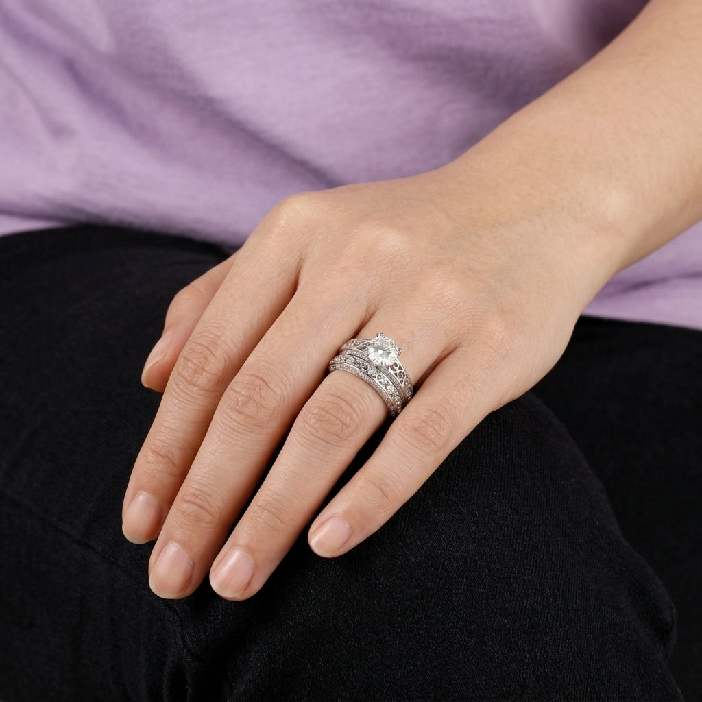 Elegant design Filigree Engagement Ring with Moissanite in Sterling Silver