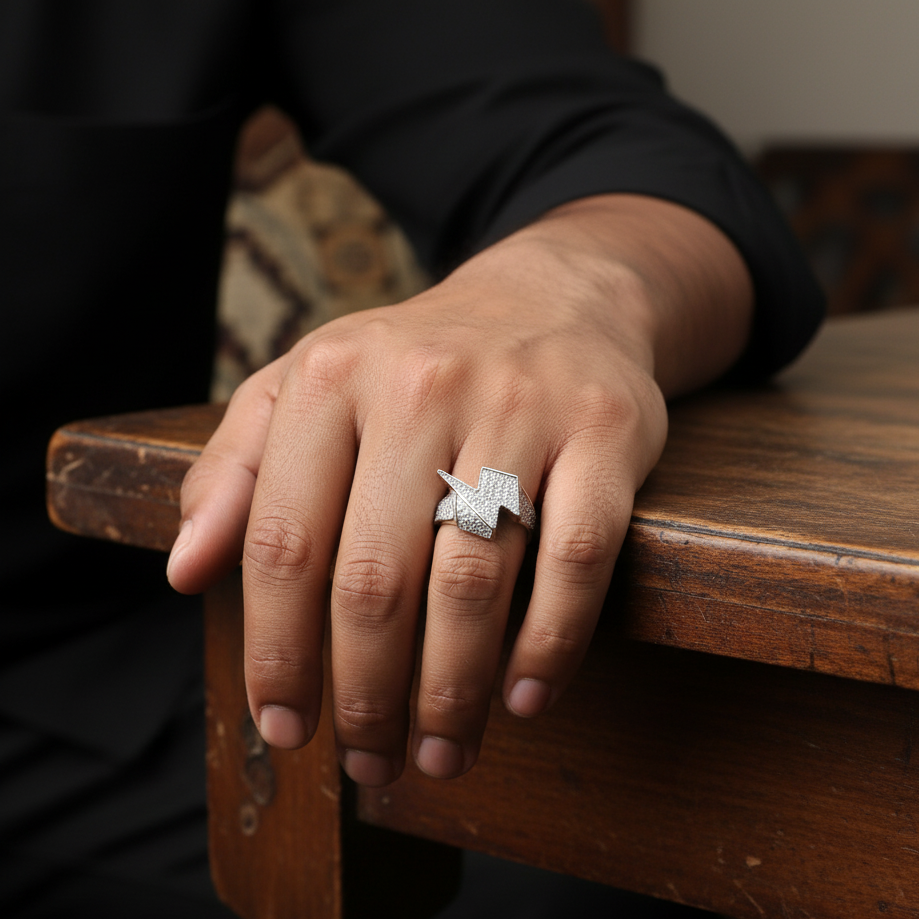Silver Moissanite Thunder Ring in Sterling Silver for him