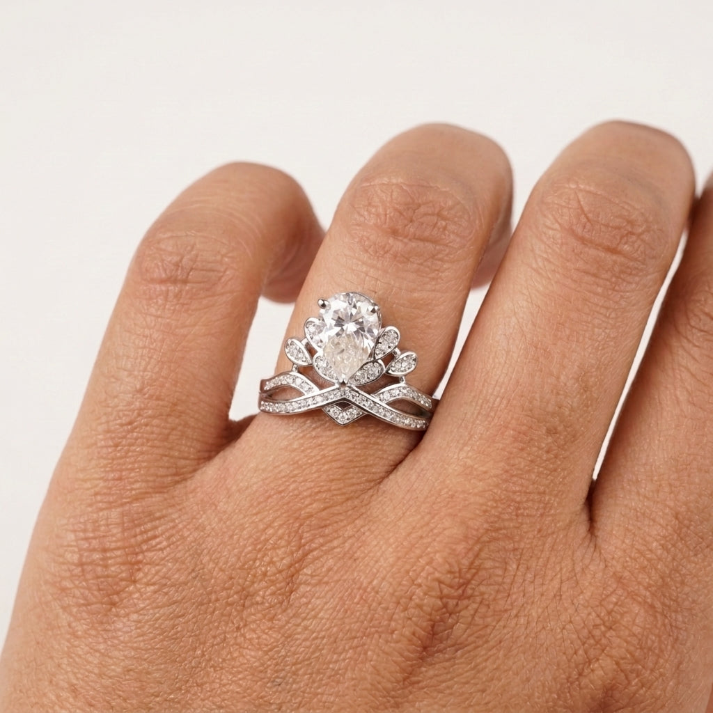 Pear Cut Crown Engagement Ring with Moissanite in Sterling Silver