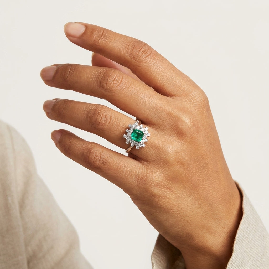 Designer Moissanite and Emerald Statement Ring in Sterling Silver