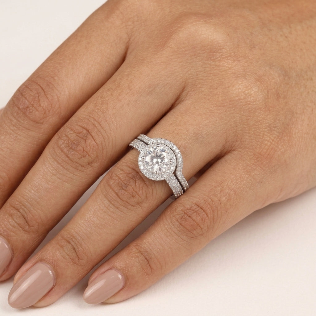 2 in 1 halo Engagement Ring Set with Moissanite in Sterling Silver